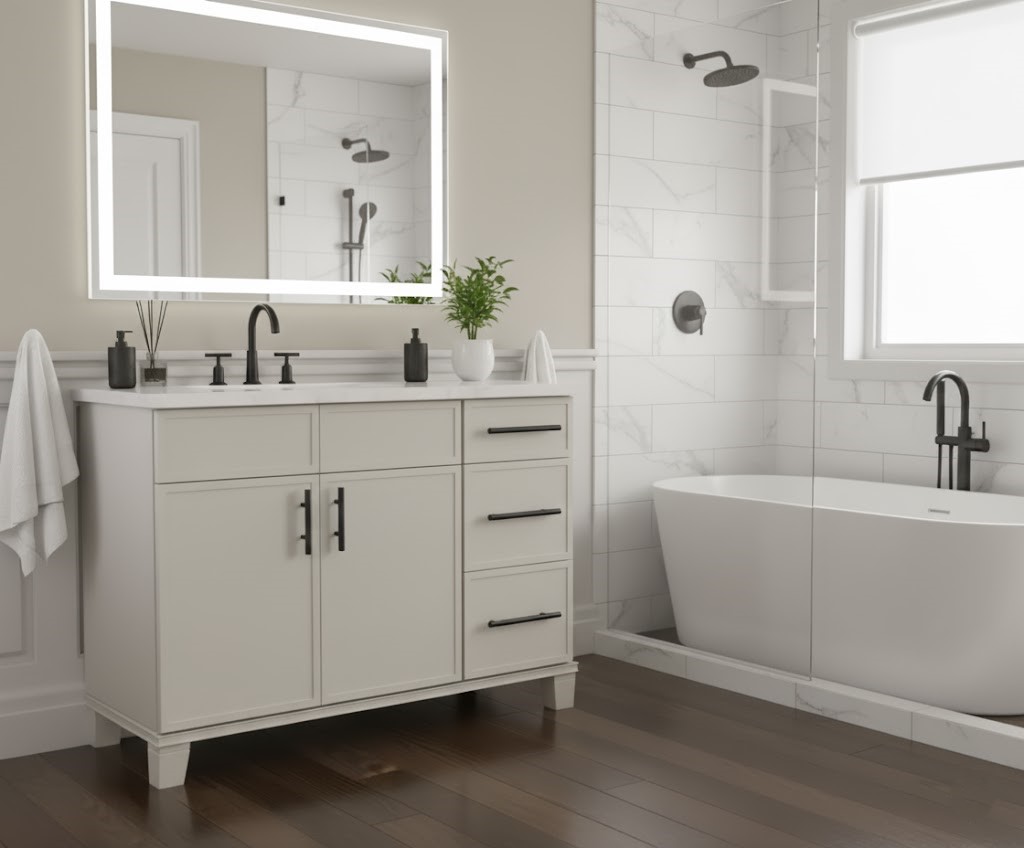 Modern bathroom with floating vanity and sophisticated marble accents