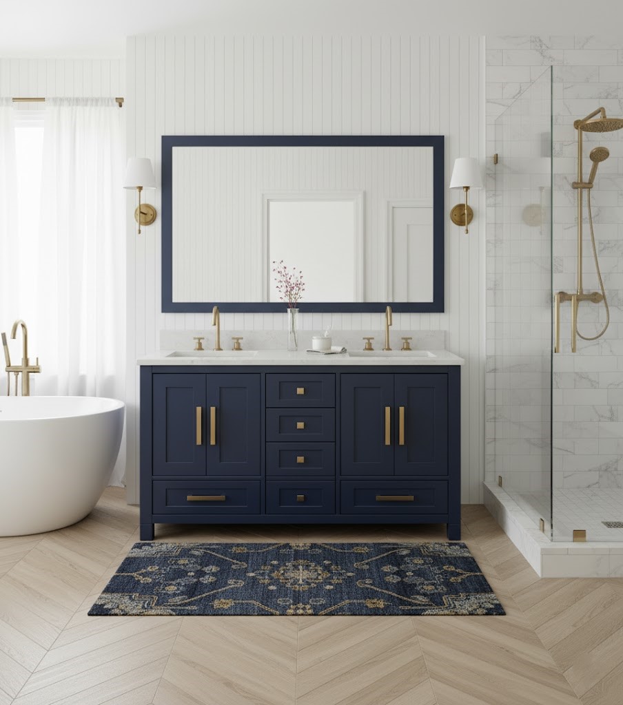 Luxurious navy bathroom with premium fixtures and elegant cabinetry