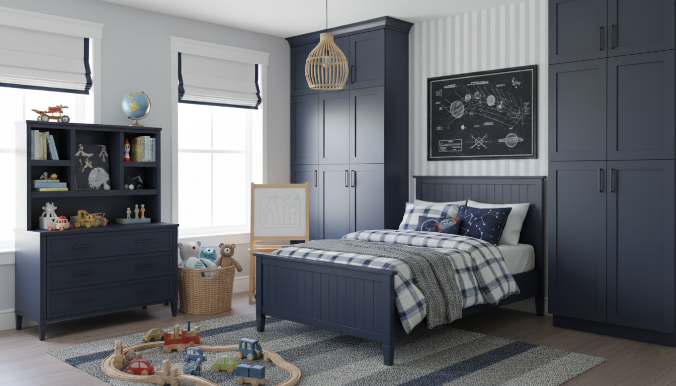 Stylish bedroom with built-in navy cabinetry and storage solutions
