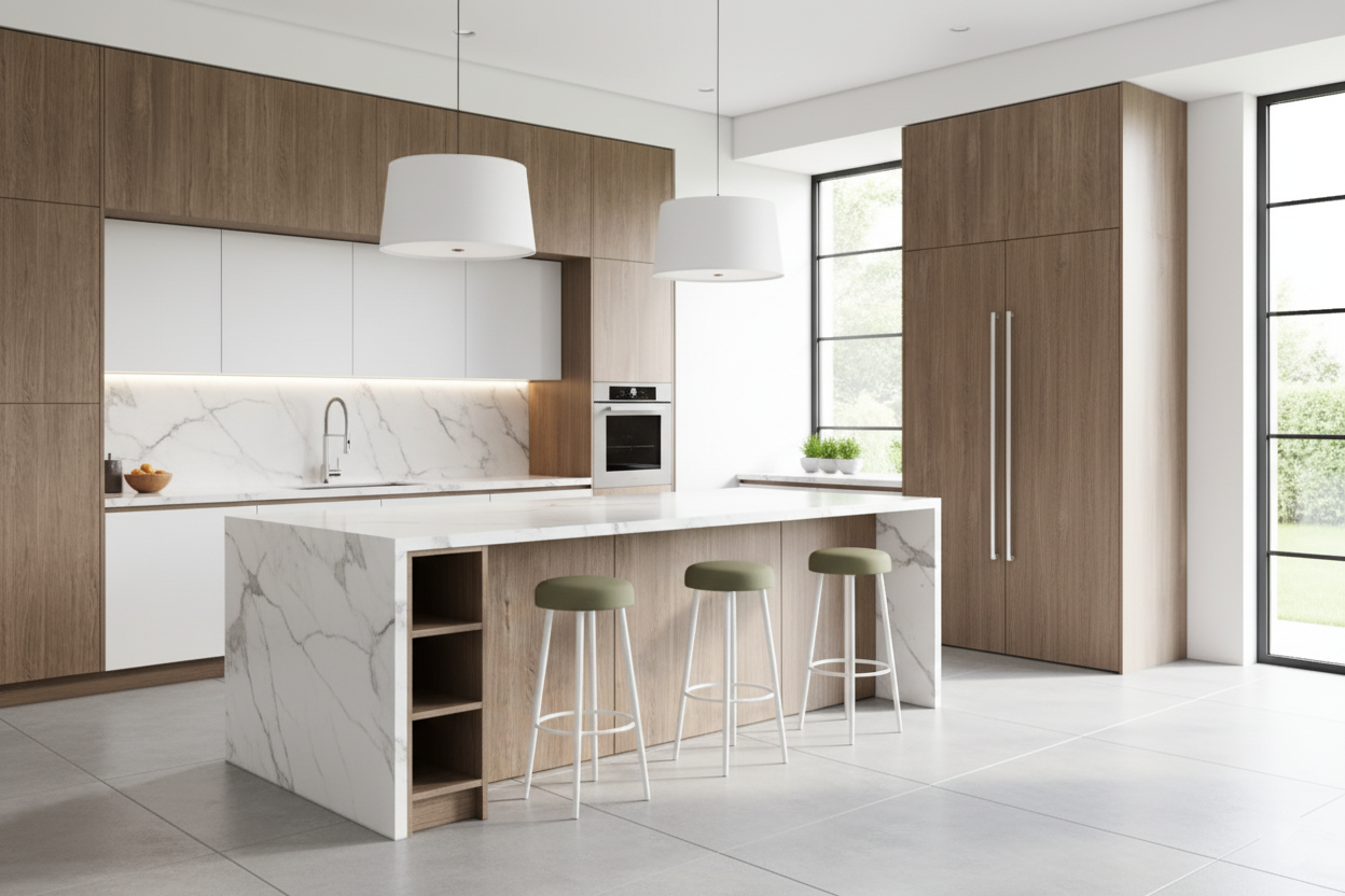 Contemporary kitchen with elegant white and wood-tone cabinetry