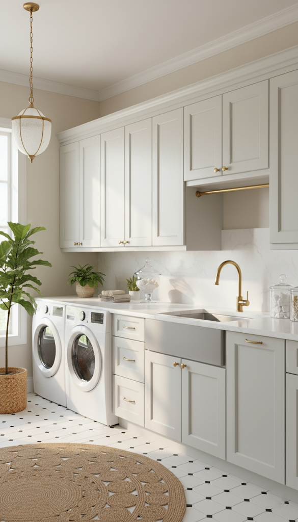Elegant laundry room with mint green cabinetry and gold accents