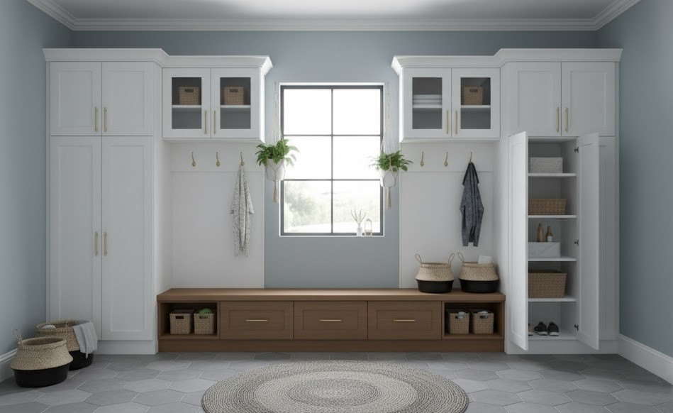 Sophisticated entryway with custom built-in storage and organizational solutions
