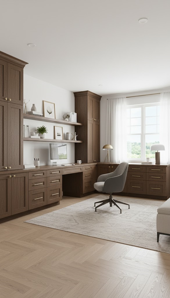 Rich walnut home office with built-in cabinetry and premium finishes